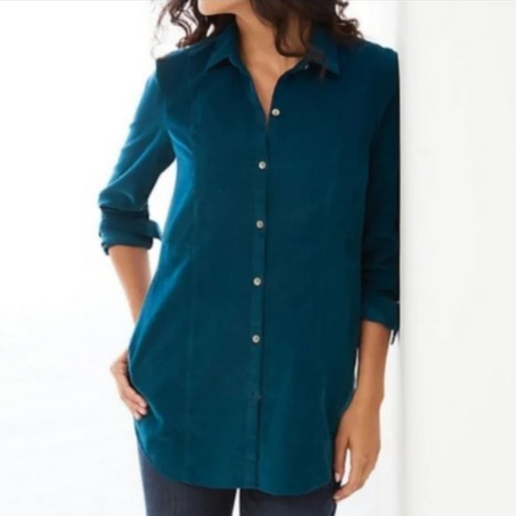 J. JILL | Teal Lightweight Corduroy Button Down Long Sleeve Collared Tunic Top - Picture 1 of 7